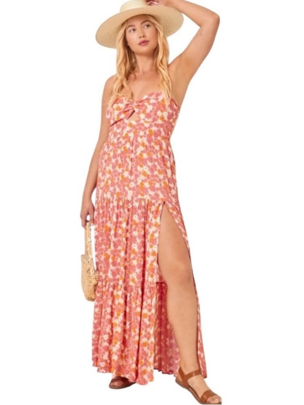 L*Space Alessandra Strapless Pink Daisy Print Dress High Slit SM When in bloom